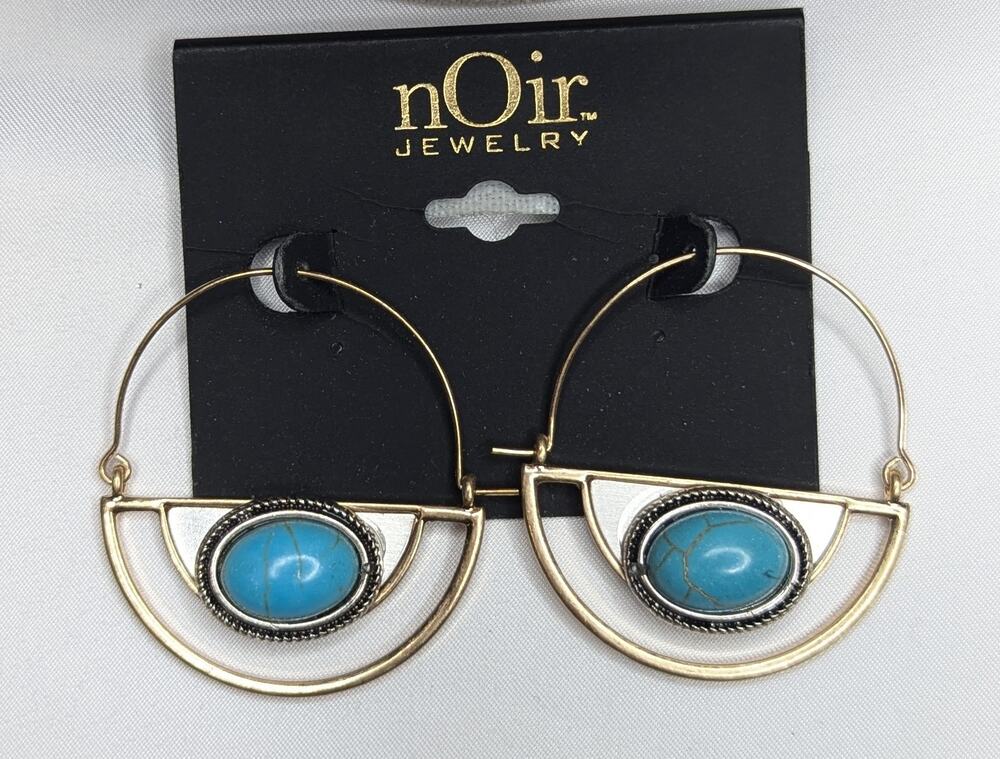 Noir Turquoise Swing Hoop Gold Tone Earrings